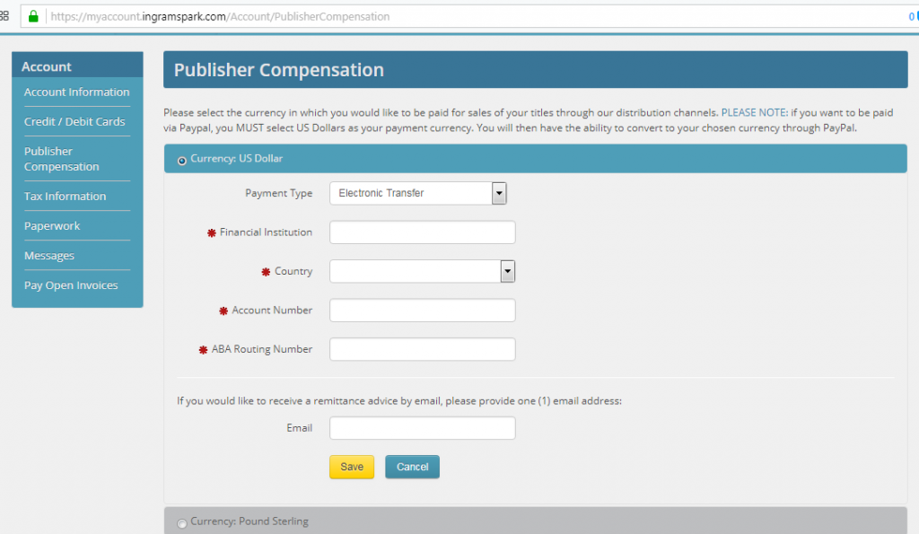 Ingram Spark Publisher Compensation Setup Page